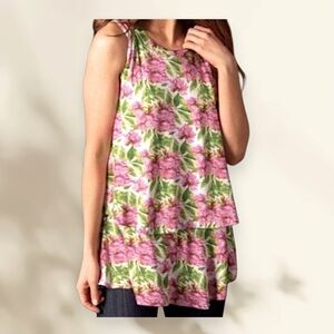 NWT Agnes &‎ Dora Pink and Green Tiered Sleeveless Tunic Breezy Floral Large